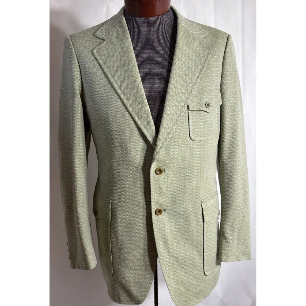 Vtg Men’s 40R Sport Coat Jacket Blazer Green Polyester Belted Textured Western
